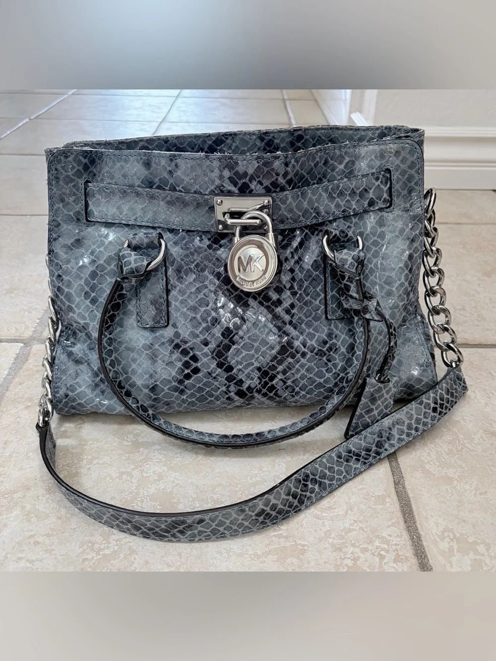 Michael Kors Hamilton blue snake-skin embossed satchel with matching wallet